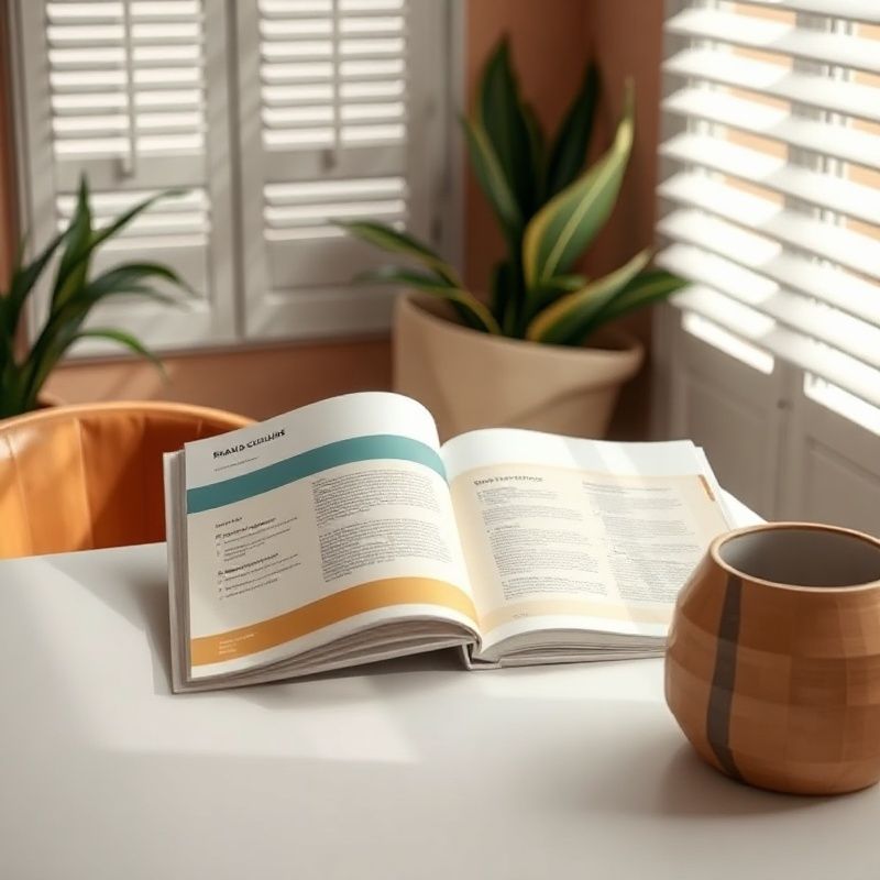 Brand guideline book aperto su una pagina in tonalità teal, su tavolo studio bianco con luce naturale italiana