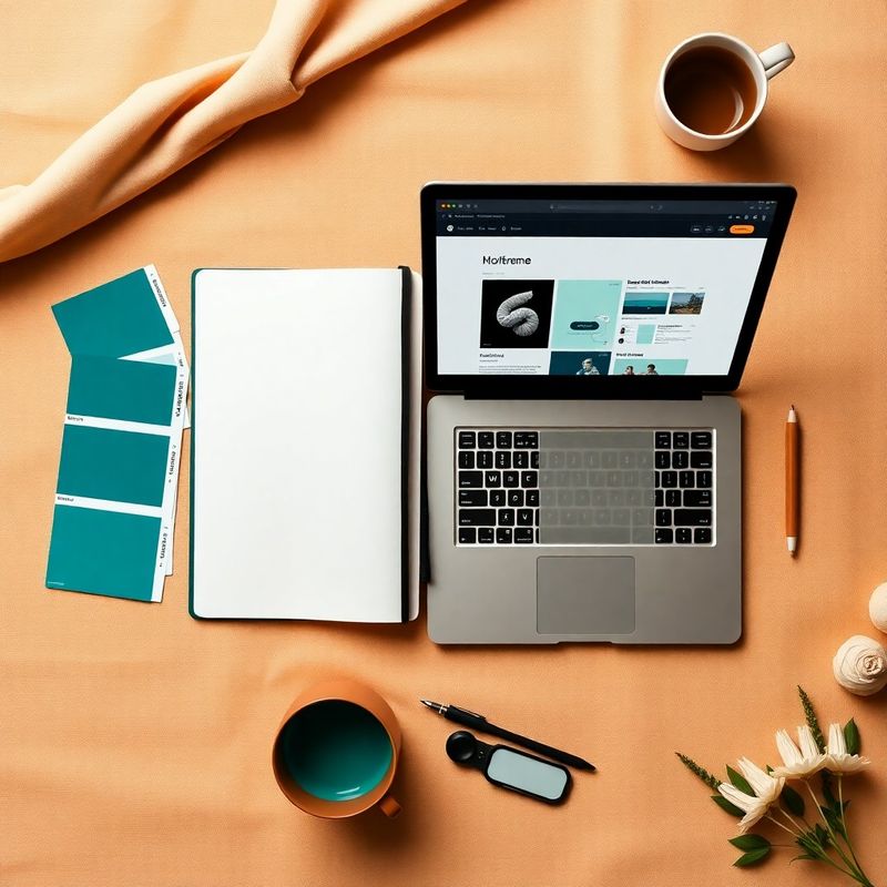 Strumenti di design — swatch Pantone in tonalità teal, taccuino e laptop con wireframe Figma — su superficie in lino color crema