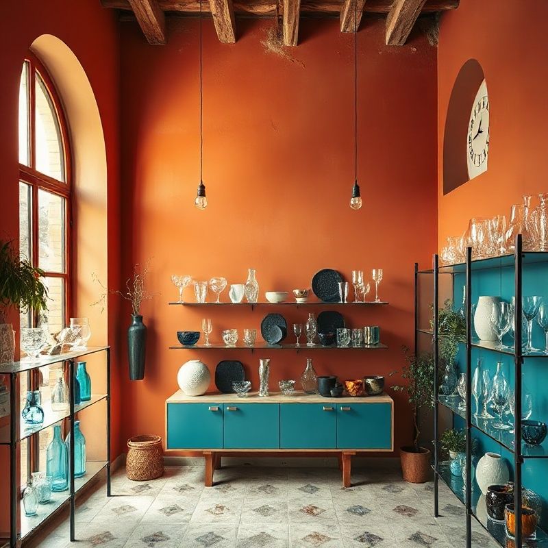 Interno di una vetreria artigianale a Perugia, pareti color terracotta e scaffali in tonalità teal illuminati da luce naturale