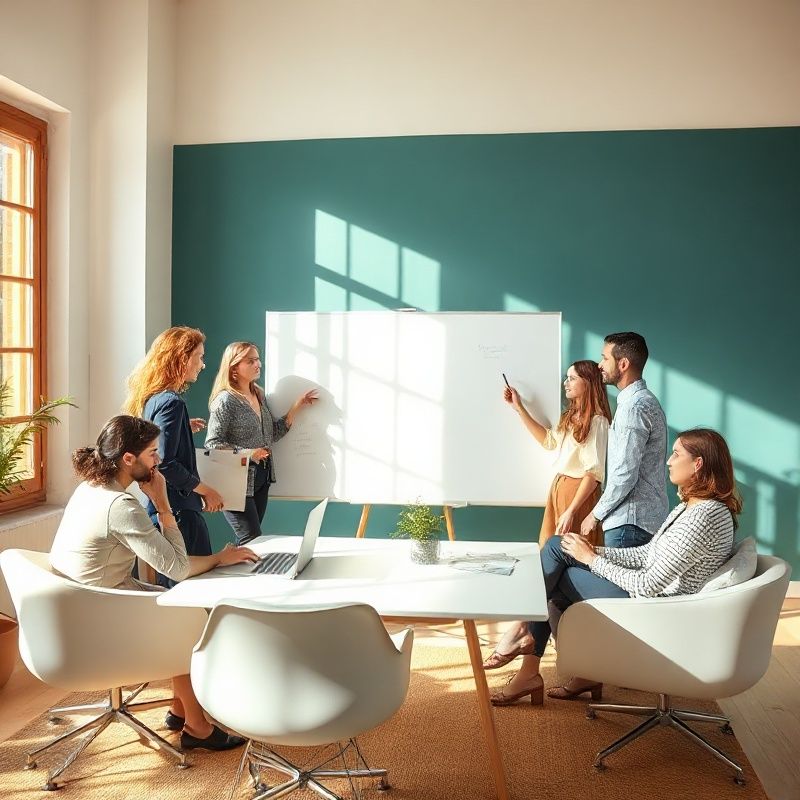 Team di sette professionisti al lavoro attorno a una lavagna in uno studio umbro con parete teal e luce mediterranea